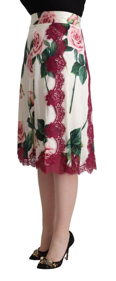 Dolce & Gabbana White Rose Print High Waist Midi A-line Skirt In White
