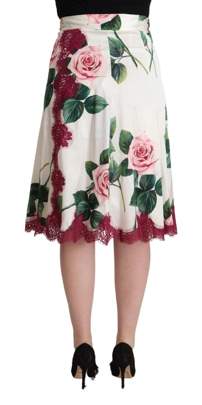 Dolce & Gabbana White Rose Print High Waist Midi A-line Skirt In White