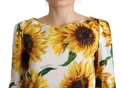 Shop Dolce & Gabbana Sunflower Print Cotton Elbow Sleeve Women's Blouse In White