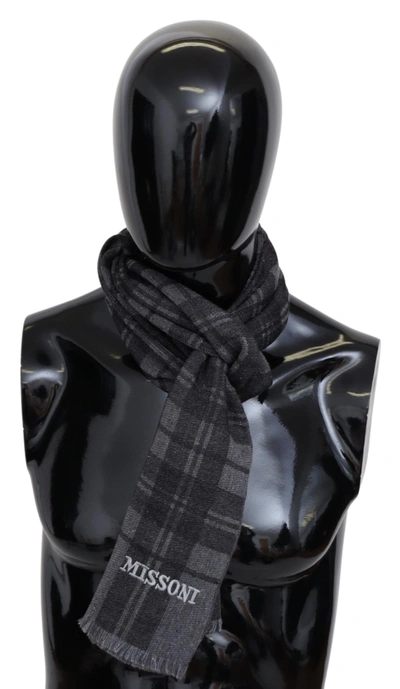 Shop Missoni Elegant Unisex Plaid Wool Scarf With Logo Men's Embroidery In Gray