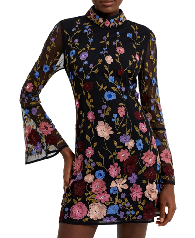 Shop French Connection Women's Floral Embroidered Bell-sleeve Mesh Sheath Dress In Black Multi
