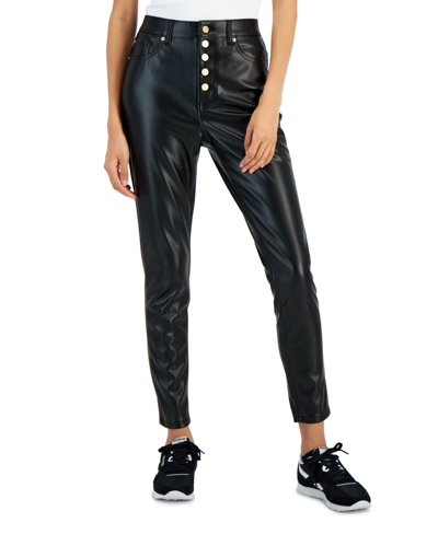 Shop Tinseltown Juniors' Exposed Button-fly Patent Skinny Jeans In Black