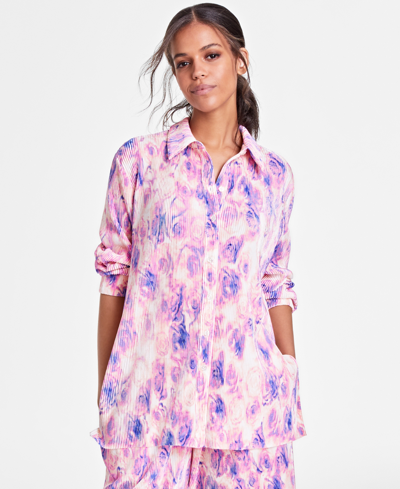 Shop Bar Iii Petite Printed Plisse-knit Button-up Shirt, Created For Macy's In Riley Rose