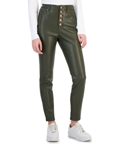 Shop Tinseltown Juniors' Exposed Button-fly Patent Skinny Jeans In Olive
