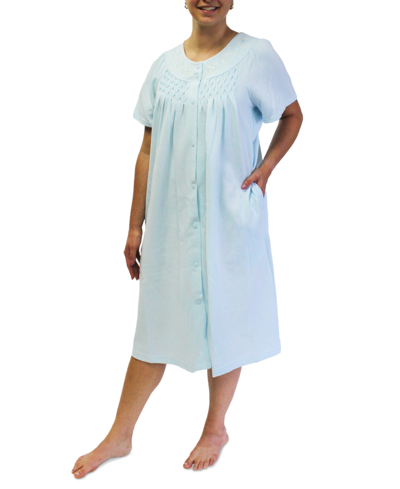 Shop Miss Elaine Plus Size Floral-trim Short-sleeve Short Robe In Sky Blue