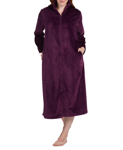 Shop Miss Elaine Petite Solid Long-sleeve Long Zip Robe In Aubergine
