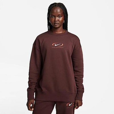 Shop Nike Women's Sportswear Swoosh Life Phoenix Fleece Oversized Crewneck Sweatshirt In Earth Brown