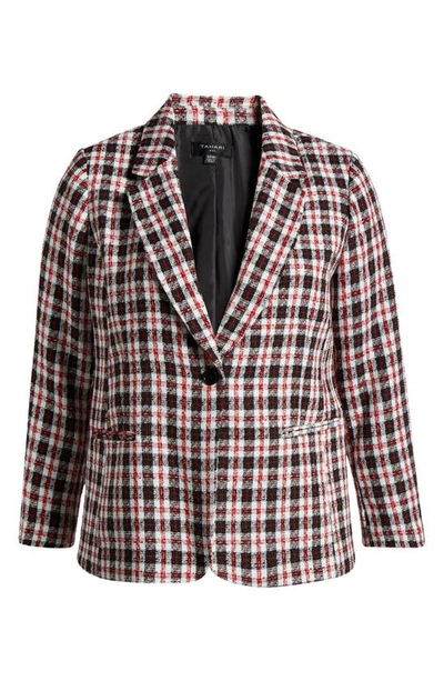 Tahari Plaid Notch Lapel Tweed Blazer In Ivory Black Red