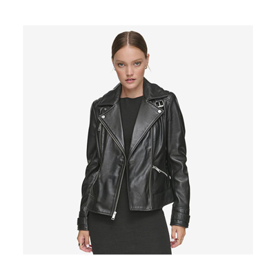 Shop Andrew Marc Salla Smooth Asymmetrical Lamb Women's Leather Moto Jacket In Black