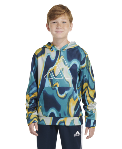 Shop Adidas Originals Big Boys Long Sleeve Heat Map Allover Print Pullover Hoodie In Collegiate Navy With Pulse Aqua