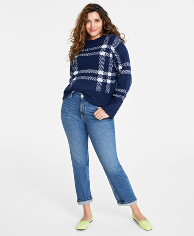 Shop On 34th Women's Plaid Jacquard Crewneck Sweater, Created For Macy's In Intrepid Blue