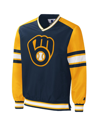 Starter Men's  Navy Milwaukee Brewers Yardline V-neck Pullover Windbreaker In Navy