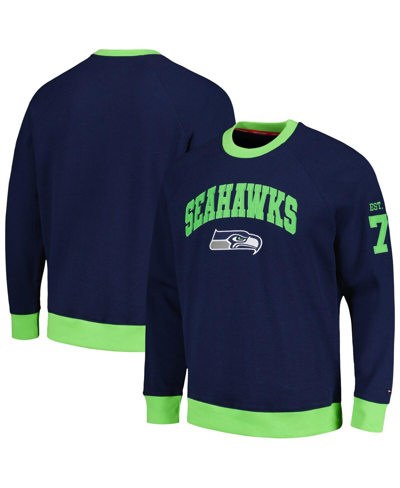 Shop Tommy Hilfiger Men's  College Navy, Neon Green Seattle Seahawks Reese Raglan Tri-blend Pullover Sweat In Navy,neon Green