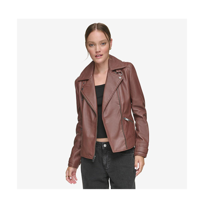 Shop Andrew Marc Salla Smooth Asymmetrical Lamb Women's Leather Moto Jacket In Fig