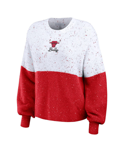 Wear By Erin Andrews Women's  White, Red Chicago Bulls Color-block Pullover Sweater In White,red