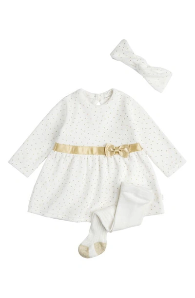 Shop Firsts By Petit Lem Gold Dot Long Sleeve Dress, Tights & Headband Set In Off White