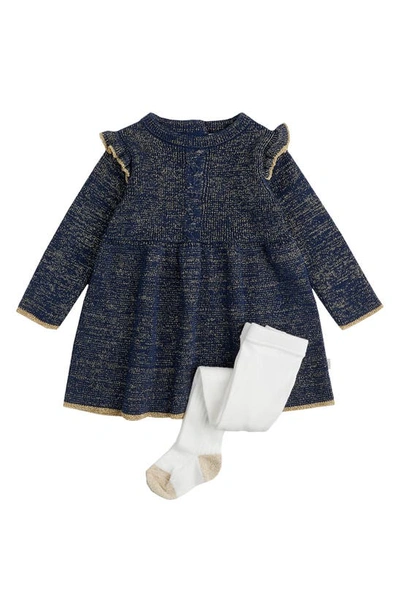 Shop Firsts By Petit Lem Gold Tweed Long Sleeve Sweater Dress & Tights Set In Nav Navy