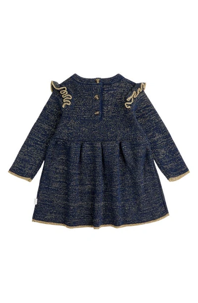 Shop Firsts By Petit Lem Gold Tweed Long Sleeve Sweater Dress & Tights Set In Nav Navy
