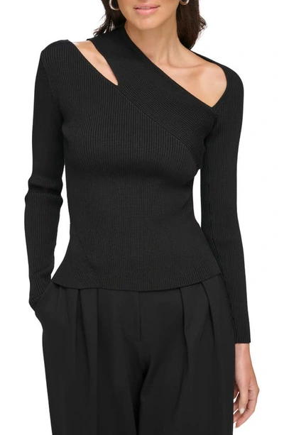 Shop Dkny Cutout Shoulder Asymmetric Neck Rib Sweater In Black