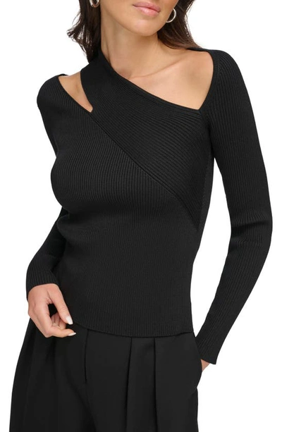 Shop Dkny Cutout Shoulder Asymmetric Neck Rib Sweater In Black
