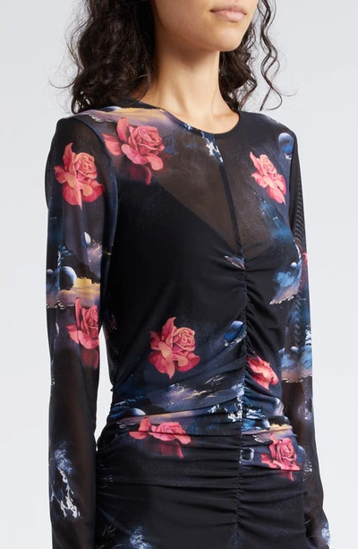 Shop Ganni Floral Celestial Print Long Sleeve Mesh Maxi Dress In Black