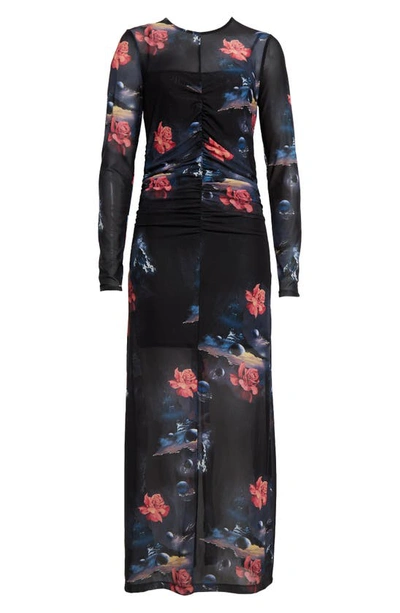 Shop Ganni Floral Celestial Print Long Sleeve Mesh Maxi Dress In Black