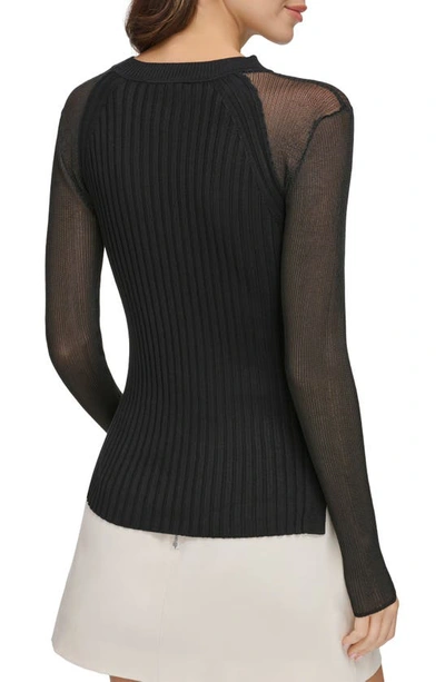 Shop Dkny Sheer Sleeve Rib Sweater In Black/ Black