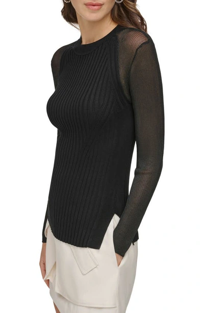 Shop Dkny Sheer Sleeve Rib Sweater In Black/ Black