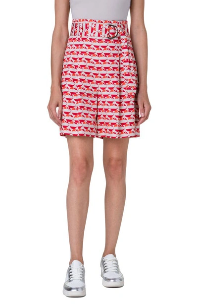 Shop Akris Punto Fiorellina Flamingo Dot Print Belted Cotton Bermuda Shorts In Beige-red-coral