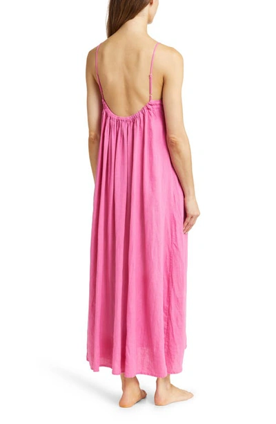 Desmond & Dempsey Print Square Neck Cotton Nightgown In Plain Linen Cerise