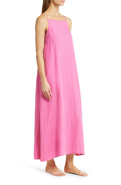 Shop Desmond & Dempsey Print Square Neck Linen Nightgown In Plain Linen Cerise