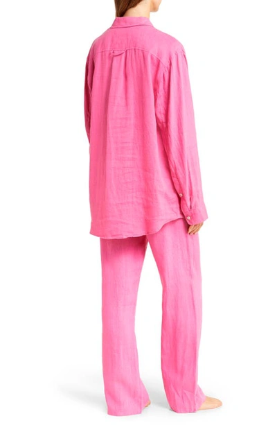 Shop Desmond & Dempsey Long Sleeve Linen Pajamas In Plain Linen Cerise