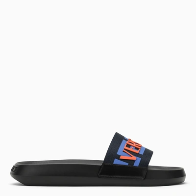 Shop Versace Black Rubber Slide With Logo In Blue