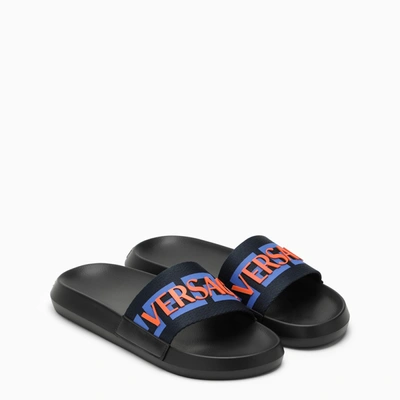 Shop Versace Black Rubber Slide With Logo In Blue