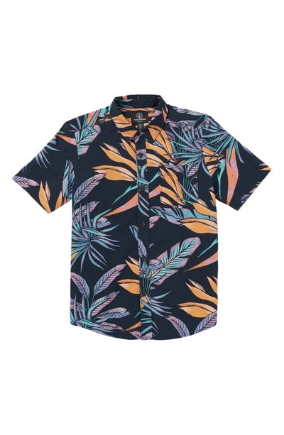 Shop Volcom Kids' Indospray Floral Short Sleeve Button-up Shirt In Navy