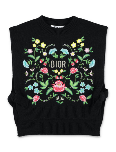 Shop Baby Dior Logo Embroidered Sleeveless Jumper In Black
