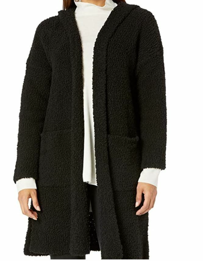 Pre-owned Eileen Fisher Hooded Long Cardigan Coat Boucle Wool Blend Black Size S/ M
