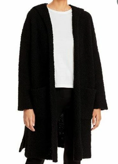 Pre-owned Eileen Fisher Hooded Long Cardigan Coat Boucle Wool Blend Black Size S/ M