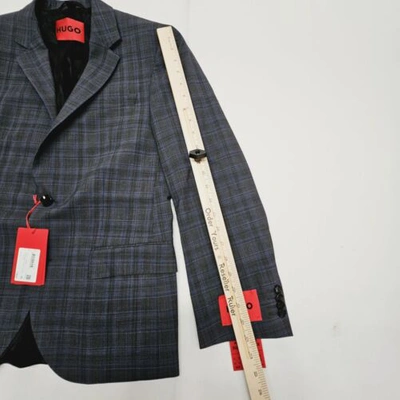 Pre-owned Hugo Boss Men's 38s Jacket 32r Pants Gray Blue Plaid 2 Pc Suit Wool Slim Fit