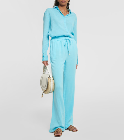 Melissa Odabash Womens Turquoise Krissy Textured Wide-leg Mid-rise Cotton Trousers In Blue