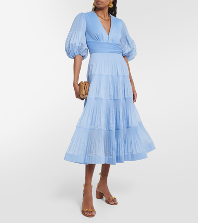 Shop Zimmermann Pleated Chiffon Midi Dress In Blue