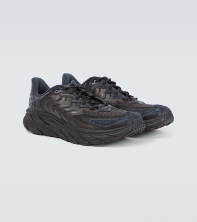 Shop Hoka One One Clifton Ls Leather-trimmed Mesh Sneakers In Black