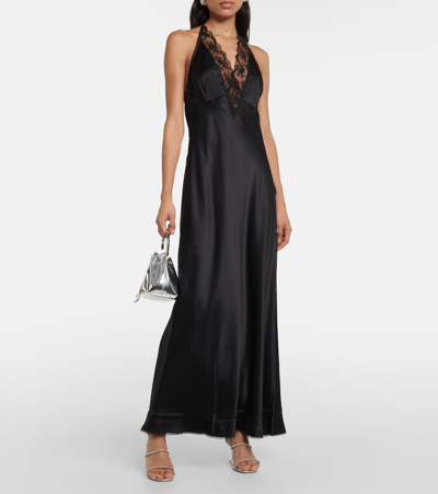 Shop Sir Aries Lace-trimmed Silk Gown In Black
