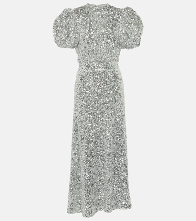 Shop Rotate Birger Christensen Puff-sleeve Sequined Midi Dress In Silver