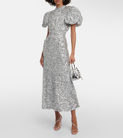 Shop Rotate Birger Christensen Puff-sleeve Sequined Midi Dress In Silver