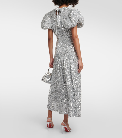 Shop Rotate Birger Christensen Puff-sleeve Sequined Midi Dress In Silver