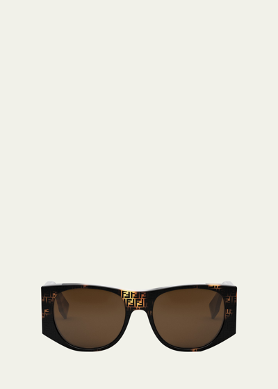 Shop Fendi Baguette Logo Acetate Oval Sunglasses In Col/hav/brn