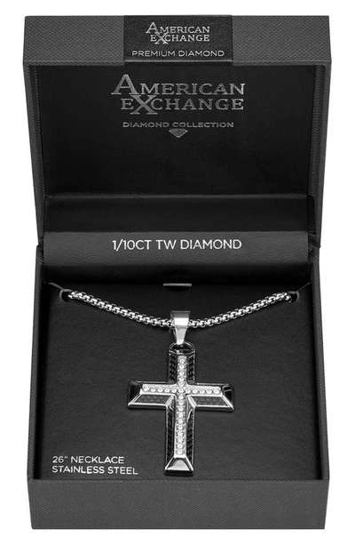 Shop American Exchange Stainless Steel Diamond Cross Necklace In Silver/ Black