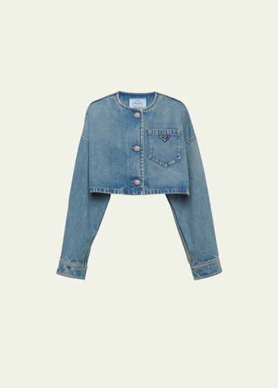 Shop Prada Crop Denim Washed Jacket In F0ban Mid Blue