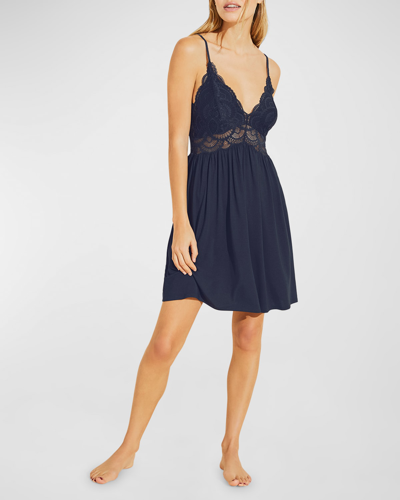 Shop Eberjey Marianna Mademoiselle Lace-trim Chemise In True Navy